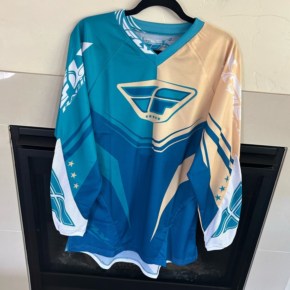 ▶️ Fly Racing Motocross Jersey Womens Large Blue White MX BMX Riding Shirt